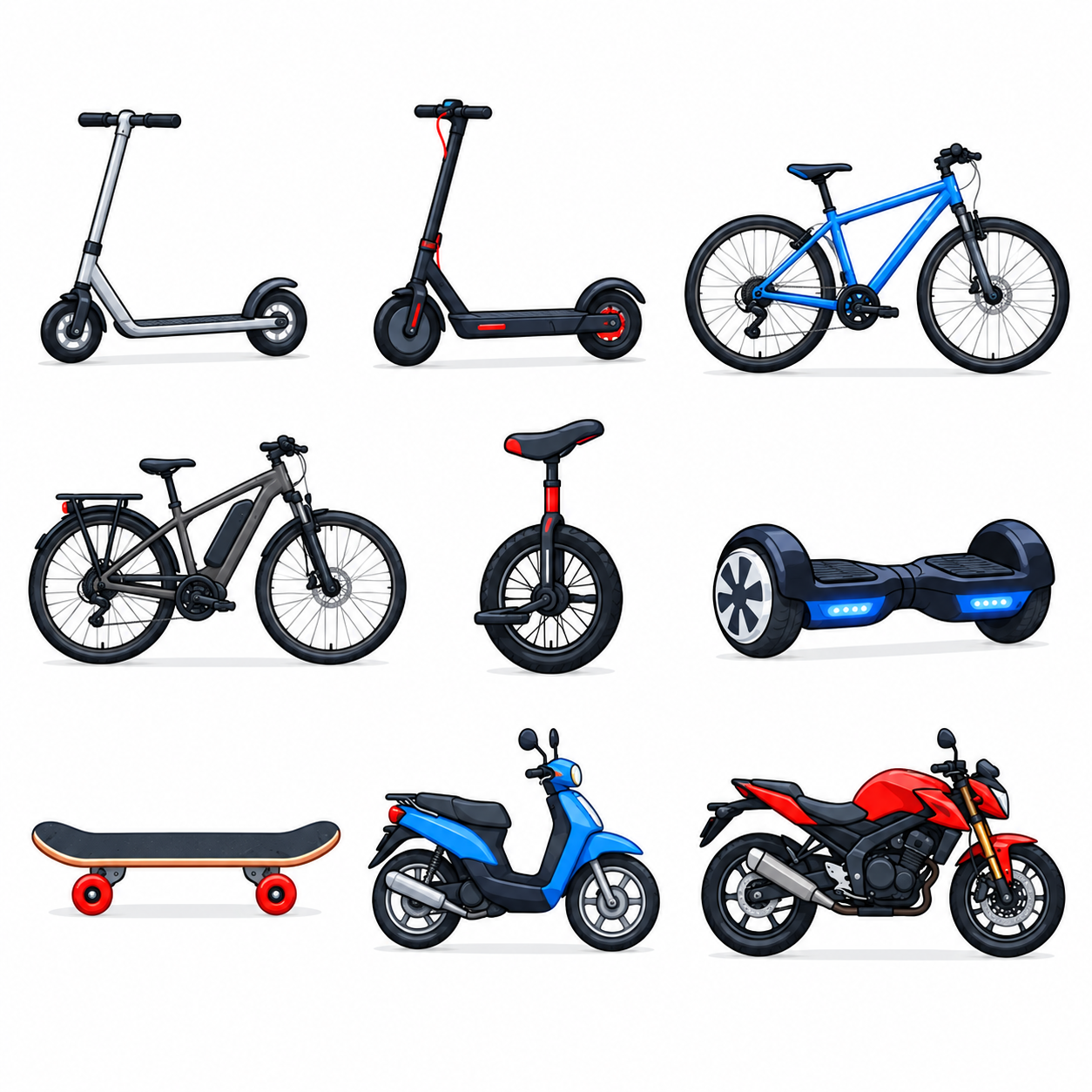 Motorcycle, Bicycle, E-bike, Moped, Scooter, E-scooter, Unicycle, Hoverboard, Skateboard